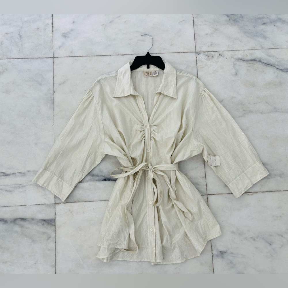 Vintage DCC Tunic Top Ivory Button Up Cotton Metallic Stripe Belt Women 3X NWT